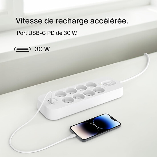 Multiprise Belkin multiprise parafoudre - 8 prises secteur + 2 prises USB-C - Autre vue