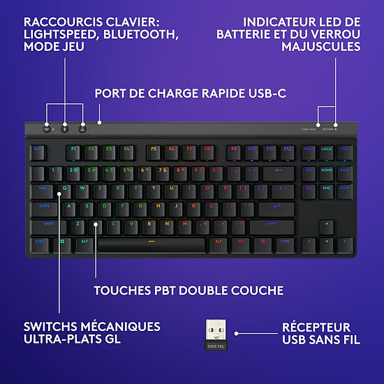 Clavier PC Logitech G G515 Lightspeed TKL - GL Tactile - Noir - Autre vue