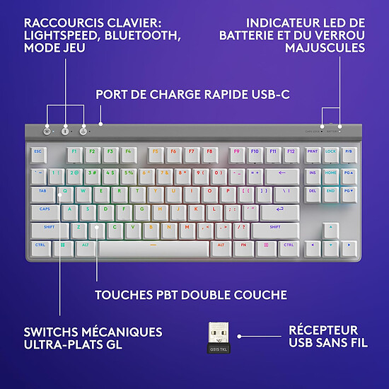 Clavier PC Logitech G G515 Lightspeed TKL - GL Tactile - Blanc - Autre vue