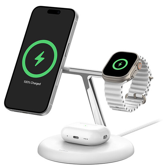 Chargeur Belkin Chargeur Magsafe Qi2 15W pour iPhone, Airpods et AppleWatch - Blanc - Autre vue