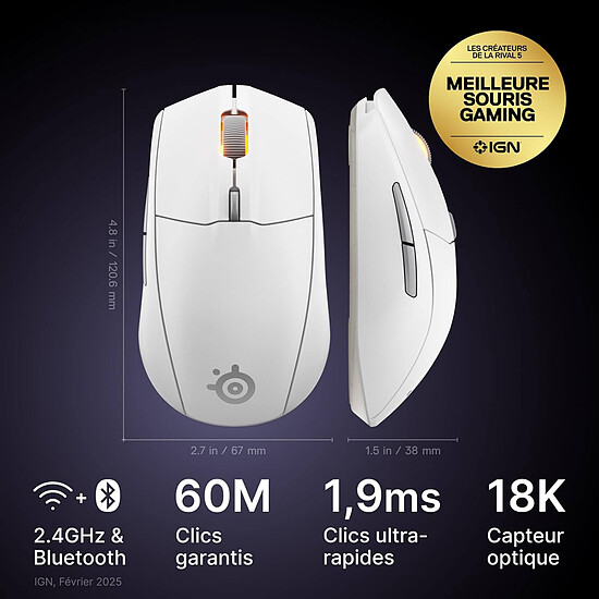 Souris PC SteelSeries Rival 3 Wireless Gen 2 - Blanc - Autre vue