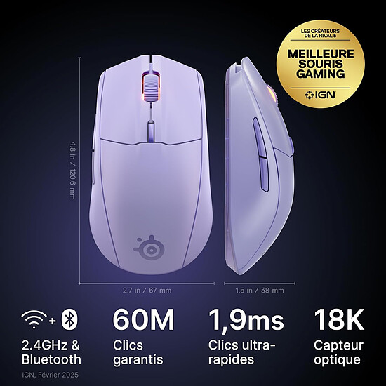 Souris PC SteelSeries Rival 3 Wireless Gen 2 - Lavande - Autre vue