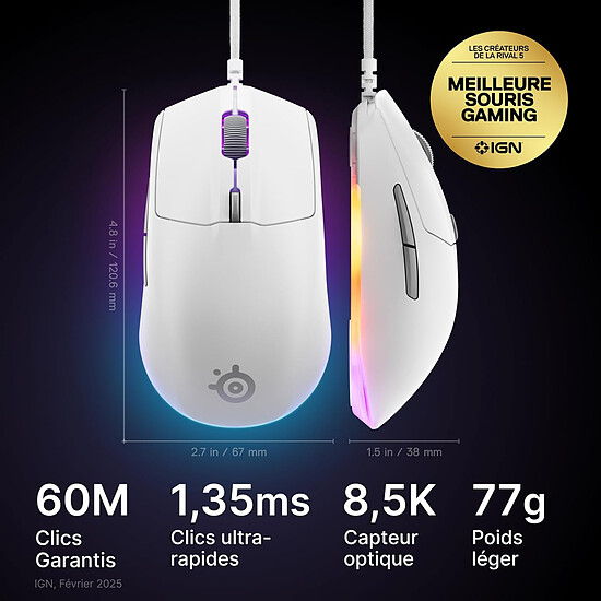 Souris PC SteelSeries Rival 3 Gen 2 - Blanc - Autre vue