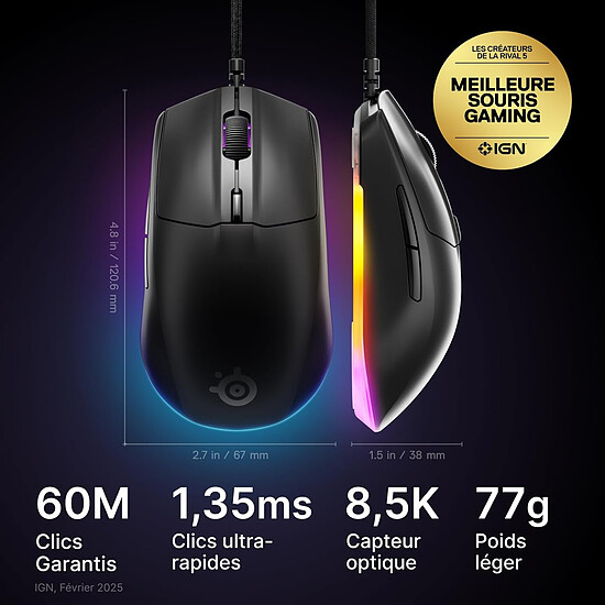 Souris PC SteelSeries Rival 3 Gen 2 - Noir - Autre vue