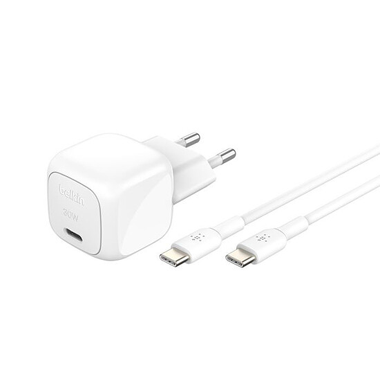 Chargeur Belkin BoostCharge Chargeur secteur USB-C (30 W) + Câble USB-C vers USB-C - Blanc - Autre vue