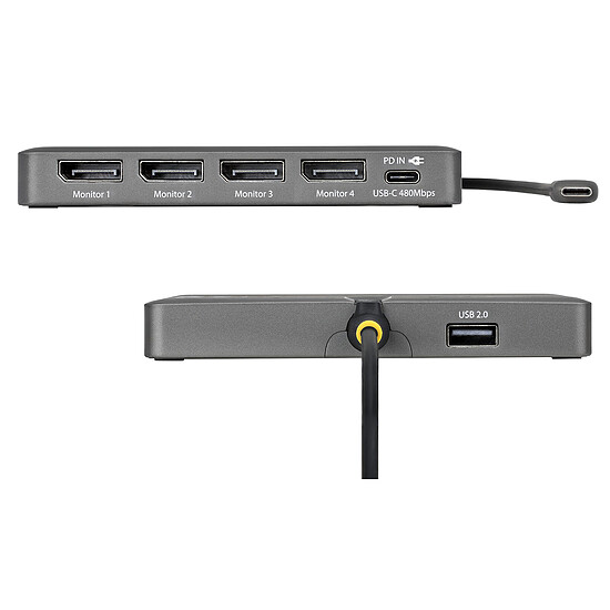 Adaptateur USB StarTech.com Adaptateur USB-C vers 4 DisplayPort 4K 60Hz - 1 port USB-A 2.0 - 1 port USB-C Power Delivery 140W - Autre vue