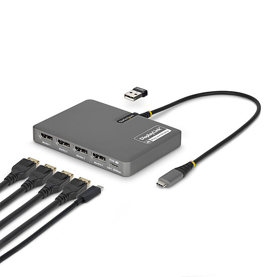 Adaptateur USB StarTech.com Adaptateur USB-C vers 4 DisplayPort 4K 60Hz - 1 port USB-A 2.0 - 1 port USB-C Power Delivery 140W - Autre vue