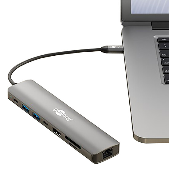 Hub USB Goobay Hub Slim USB-C vers 1 HDMI 2.0, 2 USB-C 3.0, 2 USB-A 3.0, 1 RJ45, 1 SD et 1 microSD - PD 100W - Autre vue