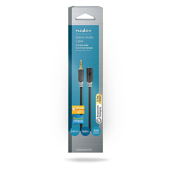 Câble Jack Nedis câble audio rallonge stéréo jack 3.5 mm M/F plaqué or - 5 m - Anthracite - Autre vue