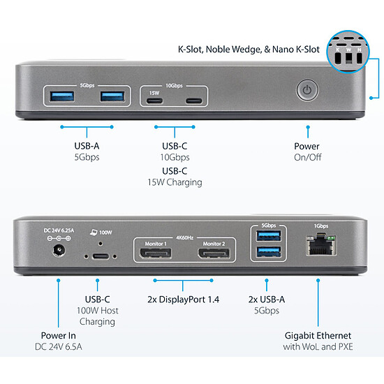 Station d'accueil PC portable StarTech.com Station d'accueil USB-C 3.1 double écran 4K / DisplayPort 1.2 / RJ45 / USB 3.1 avec Power Delivery 100 W - Autre vue