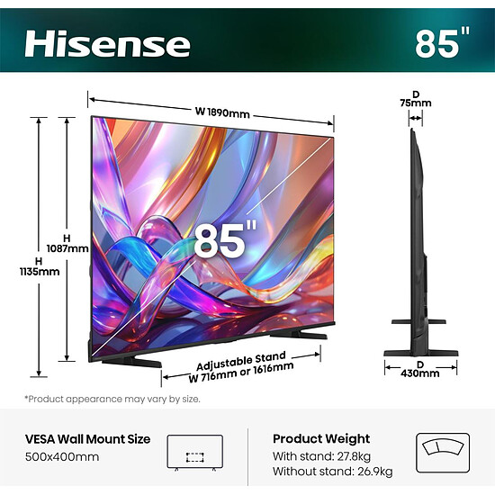 TV Hisense 85E7S - TV QLED 4K UHD HDR - 215 cm - Autre vue