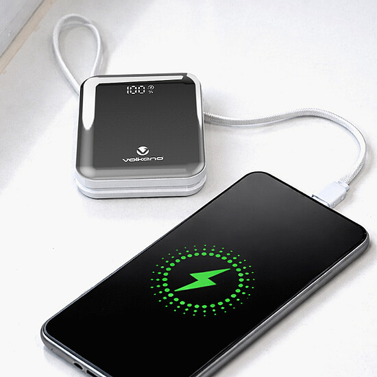 Batterie et powerbank Volkano Solace Series 10 000 mAh avec câbles USB-C et Lightning intégrés - Blanc et Argent - Autre vue