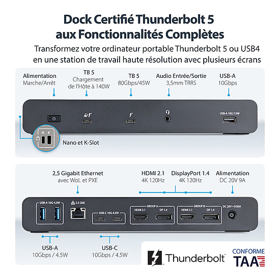 Station d'accueil PC portable StarTech.com Station d'accueil Thunderbolt 5/USB-C Quadruple affichage 4K 60 Hz avec Power Delivery 140 W - Autre vue