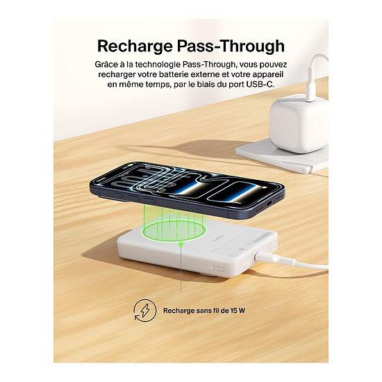 Batterie et powerbank Belkin BoostCharge Batterie Externe Magnétique 10K Qi2 - Blanc - Autre vue