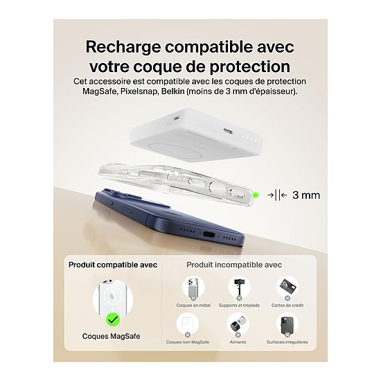 Batterie et powerbank Belkin BoostCharge Batterie Externe Magnétique 10K Qi2 - Blanc - Autre vue