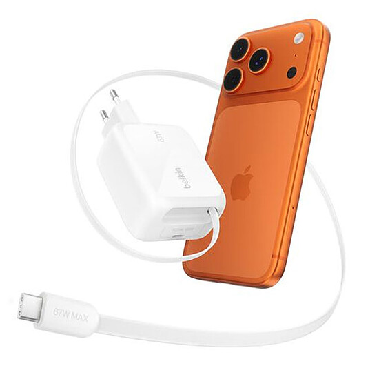Chargeur Belkin Chargeur USB-C 67W avec cable retracTable d'1m et port USB-C - Blanc - Autre vue