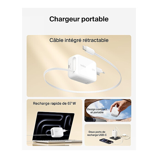 Chargeur Belkin Chargeur USB-C 67W avec cable retracTable d'1m et port USB-C - Blanc - Autre vue