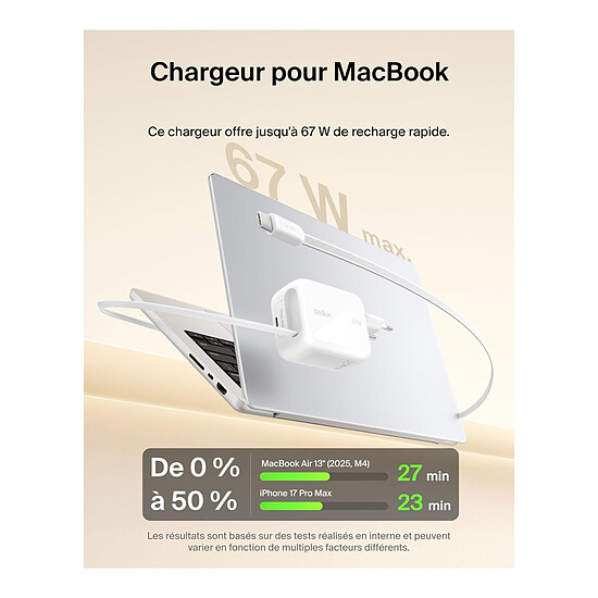 Chargeur Belkin Chargeur USB-C 67W avec cable retracTable d'1m et port USB-C - Blanc - Autre vue