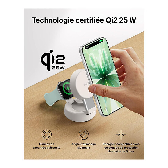 Chargeur Belkin UltraCharge Pro Chargeur 2-en-1 Aimanté et Pliable 25W Qi2 - Beige Clair - Autre vue