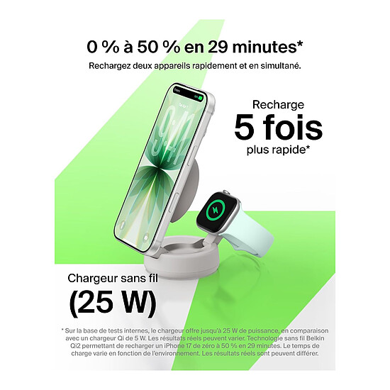 Chargeur Belkin UltraCharge Pro Chargeur 2-en-1 Aimanté et Pliable 25W Qi2 - Beige Clair - Autre vue