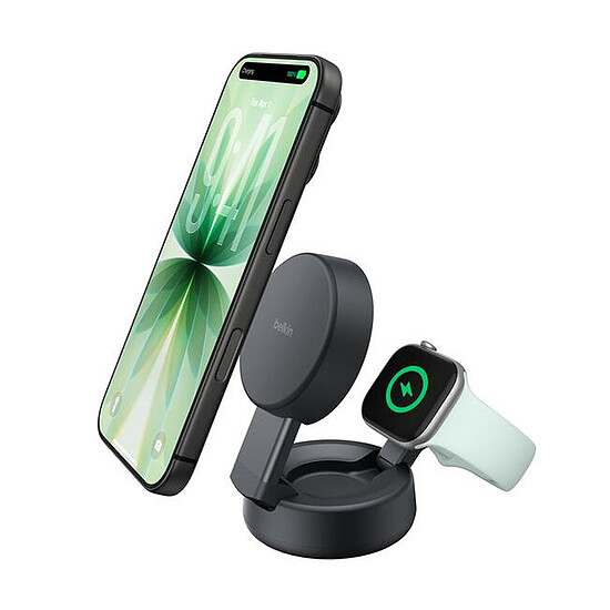 Chargeur Belkin UltraCharge Pro Chargeur 2-en-1 Aimanté et Pliable 25W Qi2 - Gris Foncé - Autre vue