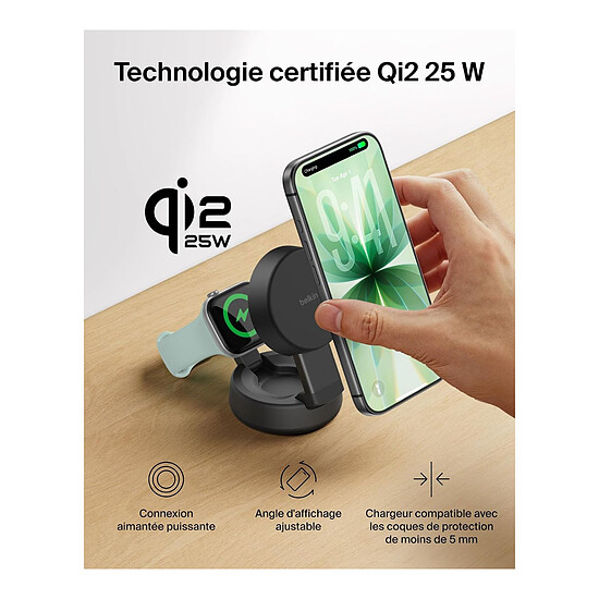 Chargeur Belkin UltraCharge Pro Chargeur 2-en-1 Aimanté et Pliable 25W Qi2 - Gris Foncé - Autre vue