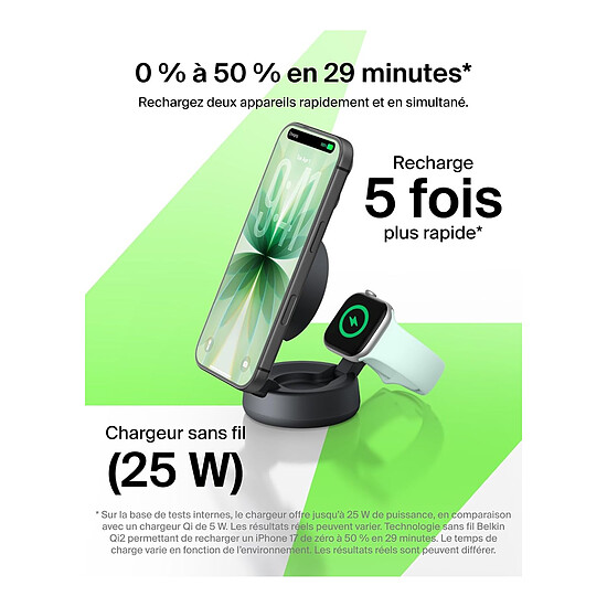 Chargeur Belkin UltraCharge Pro Chargeur 2-en-1 Aimanté et Pliable 25W Qi2 - Gris Foncé - Autre vue