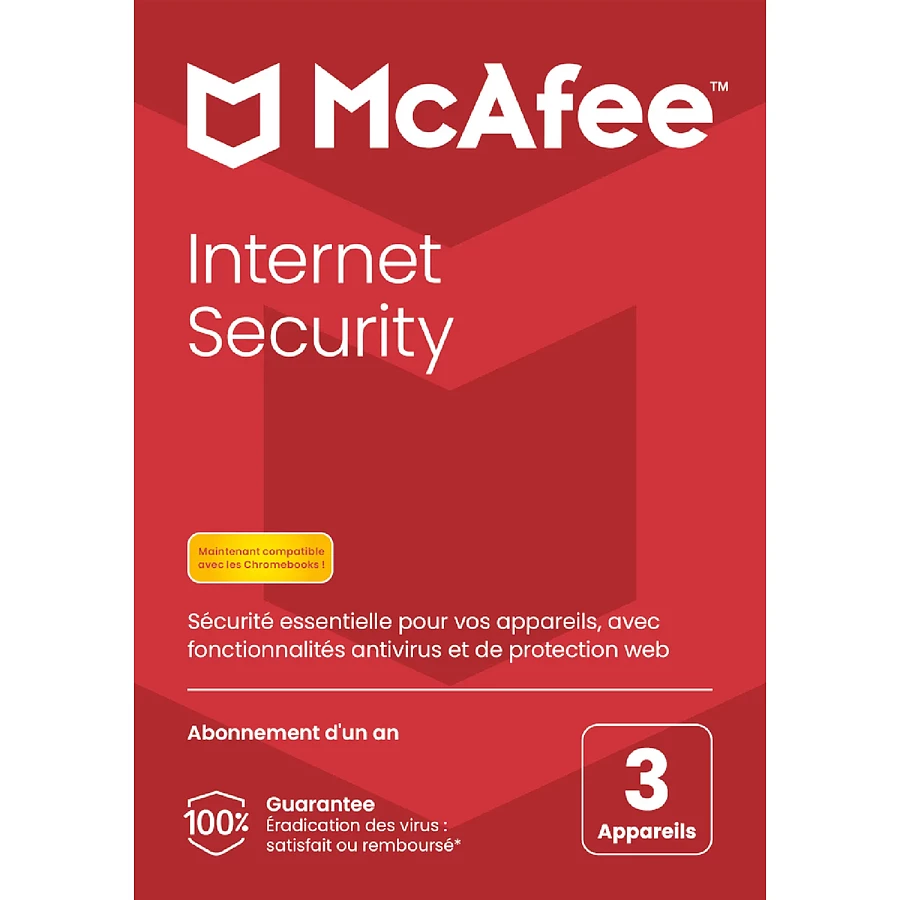 Logiciel antivirus et sécurité McAfee Internet Security - Licence 1 an - 3 postes - A télécharger