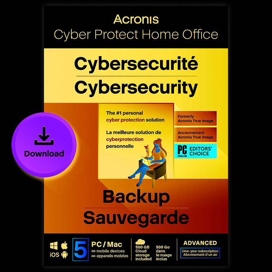 Logiciel antivirus et sécurité Acronis Cyber Protect Home Office Advanced 2023 - 500 Go - Licence 1 an - 5 PC/Mac + nombre illimité de terminaux  mobiles - A télécharger