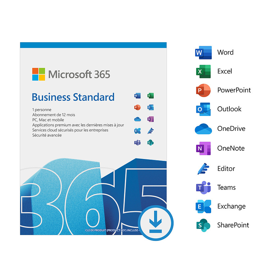 Logiciel bureautique Microsoft 365 Business Standard - Licence 1 an - 1 utilisateur - A télécharger