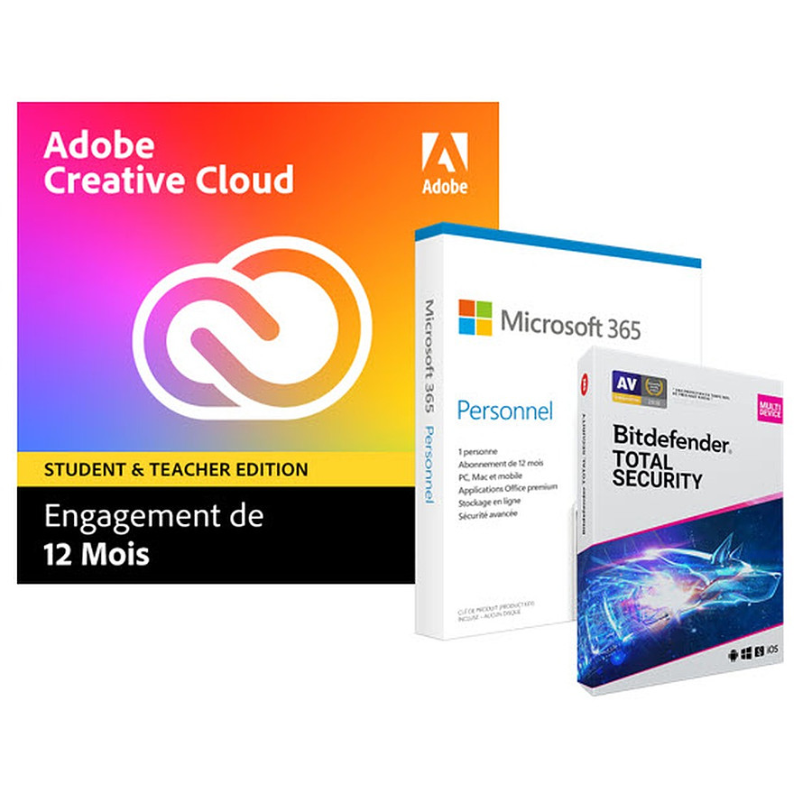 Logiciel image et son Pack Adobe Creative Cloud All Apps Education + Microsoft 365 Personnel + Bitdefender Total Security - Licence 1 an - 1 utilisateur - A télécharger