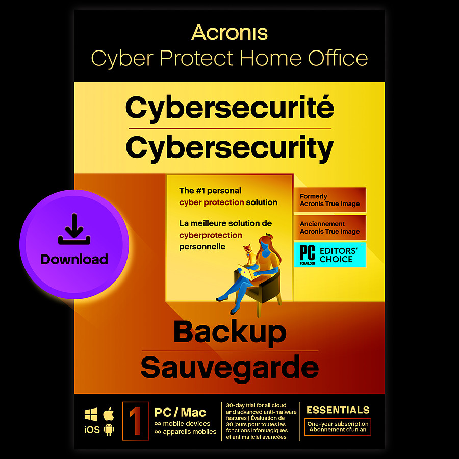 Logiciel antivirus et sécurité Acronis Cyber Protect Home Office Essentials 2023 - Licence 1 an - 1 PC/Mac + nombre illimité de terminaux  mobiles - A télécharger