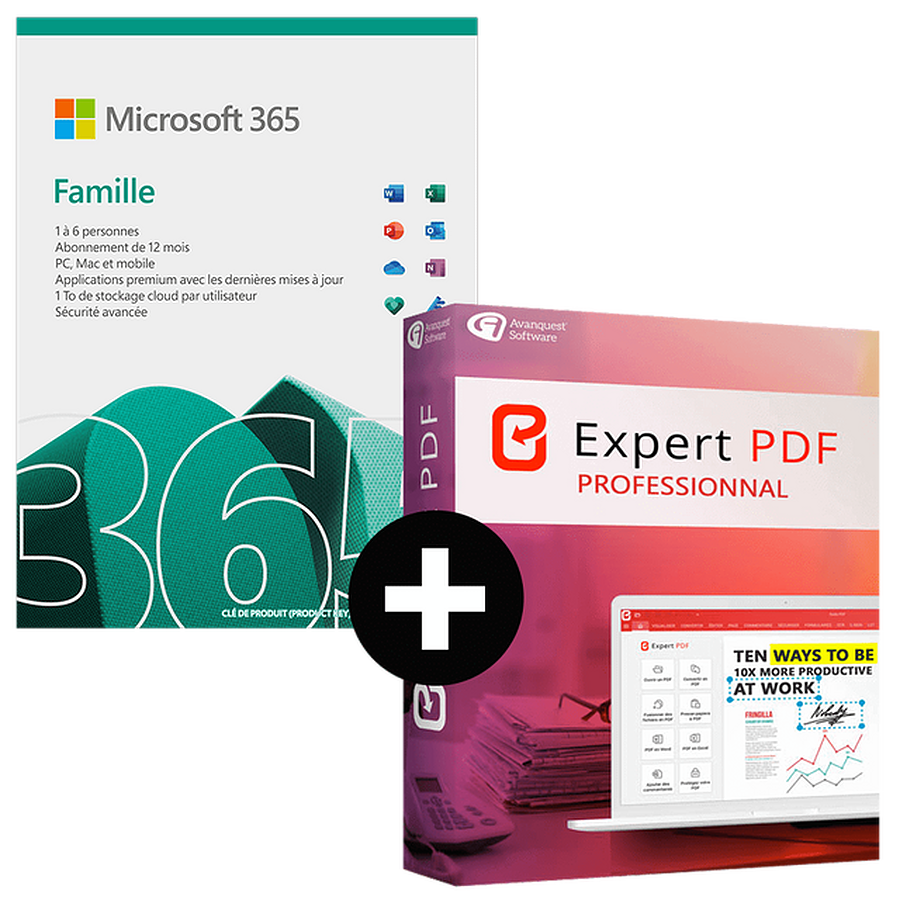Logiciel bureautique Microsoft 365 Famille 6 utilisateurs 1 an + Expert PDF 15 Pro 1 PC à vie - A télécharger