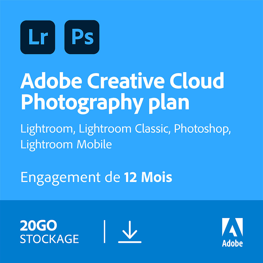 Logiciel image et son Adobe Photoshop + Lightroom (Creative Cloud Photographie 20 Go) - Licence 1 an - 1 utilisateur - A télécharger