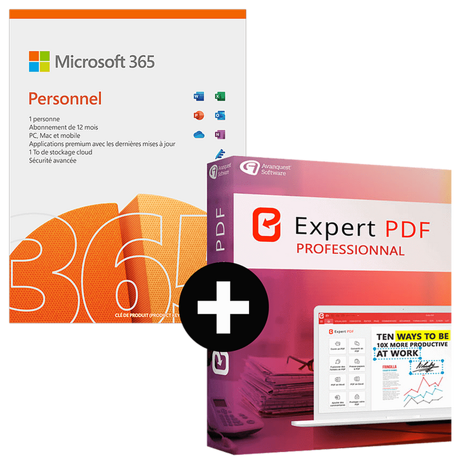 Logiciel bureautique Microsoft 365 Personnel 1 utilisateur 1 an + Expert PDF 15 Pro 1 PC à vie- A télécharger