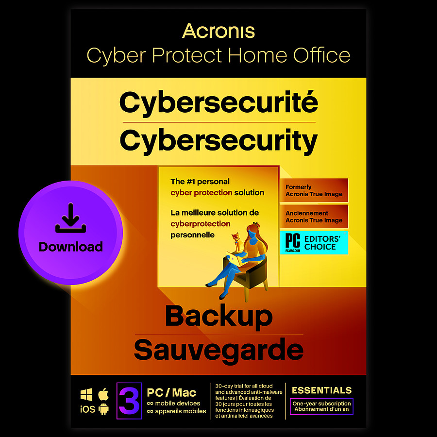 Logiciel antivirus et sécurité Acronis Cyber Protect Home Office Essentials 2023 - Licence 1 an - 3 PC/Mac + nombre illimité de terminaux  mobiles - A télécharger