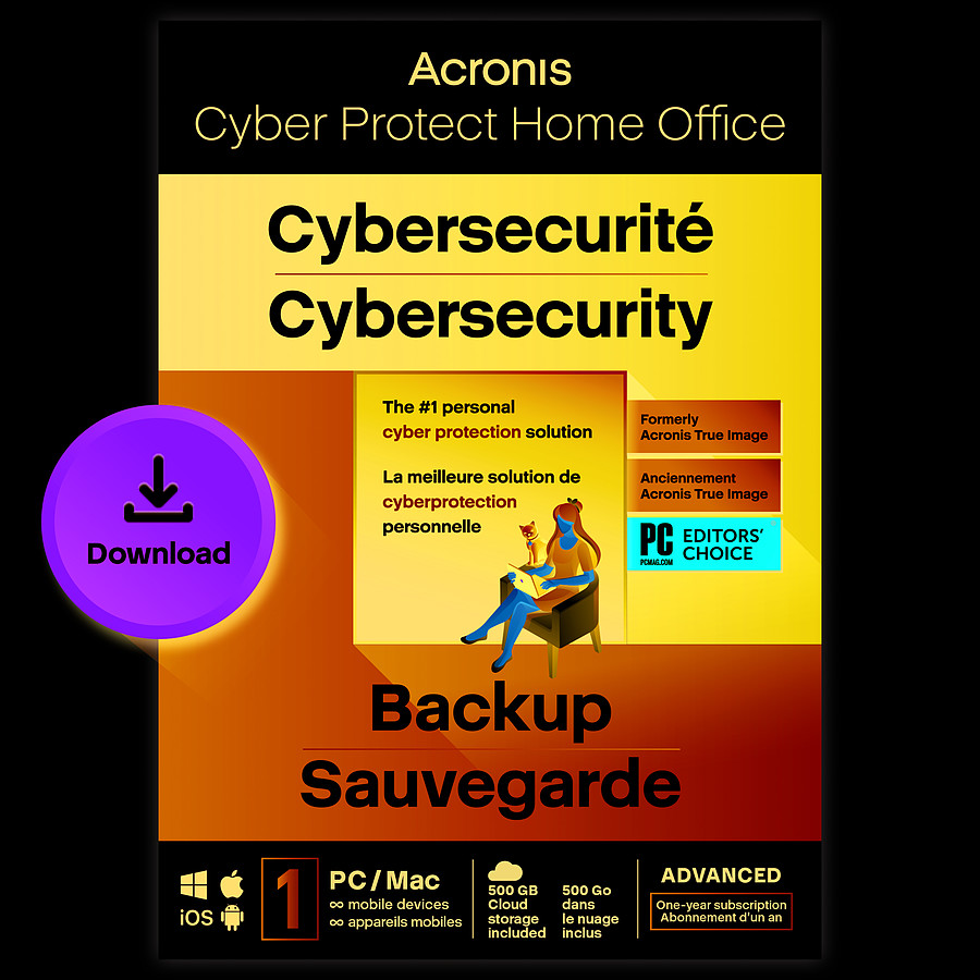 Logiciel antivirus et sécurité Acronis Cyber Protect Home Office Advanced 2023 - 500 Go - Licence 1 an - 1 PC/Mac + nombre illimité de terminaux  mobiles - A télécharger