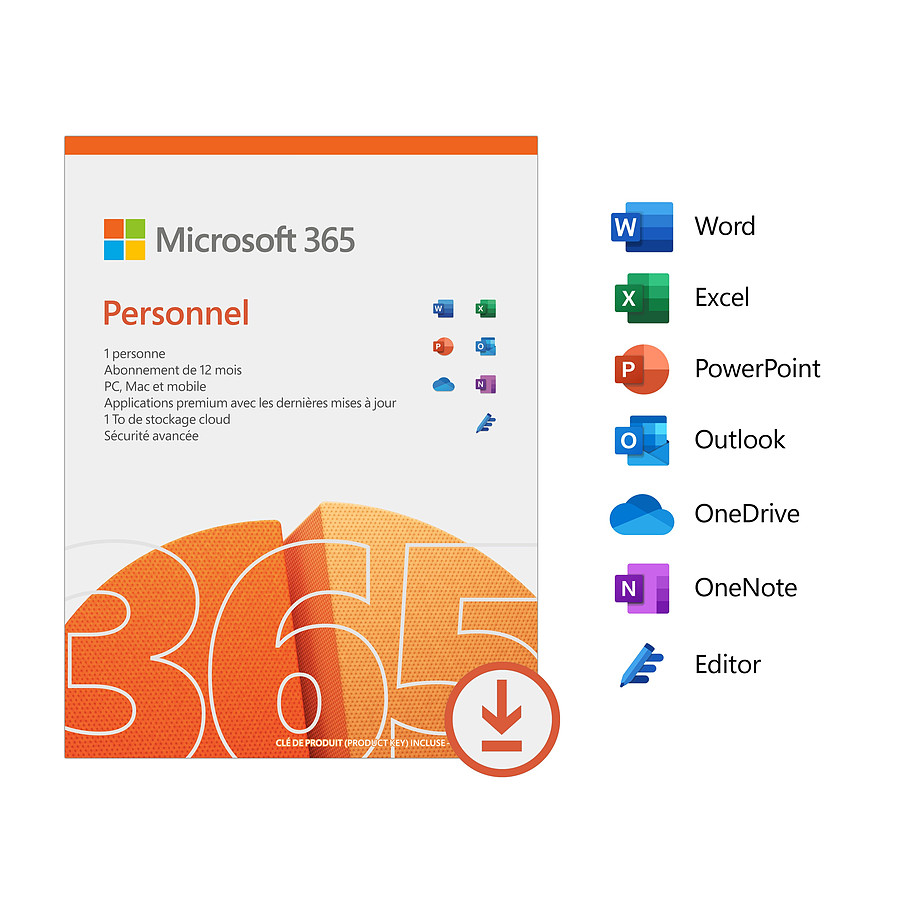 Logiciel bureautique Microsoft 365 Personnel - Licence 1 an - Postes illimités - 1 utilisateur - A télécharger