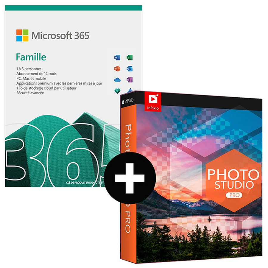 Logiciel bureautique Microsoft 365 Famille + InPixio Photo Studio 12 Pro - Abonnement 1 an - A télécharger