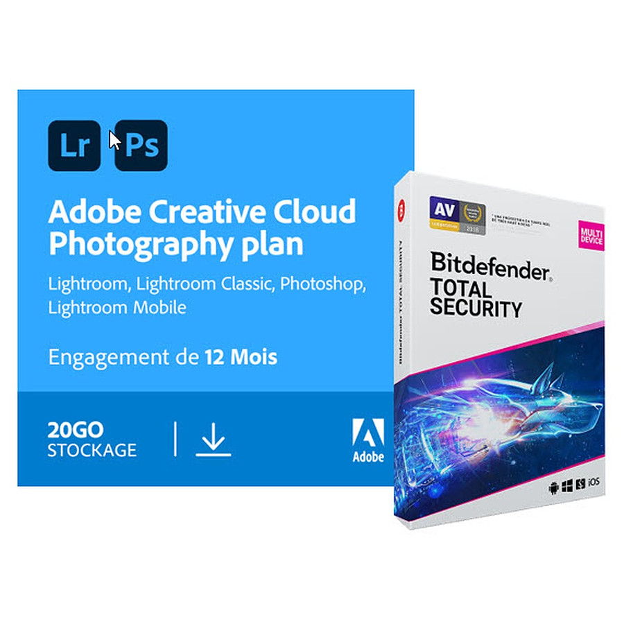 Logiciel image et son Pack Adobe Creative Cloud Photo 20Go + Bitdefender  Total Security - Licence 1 an - 1 utilisateur - A télécharger