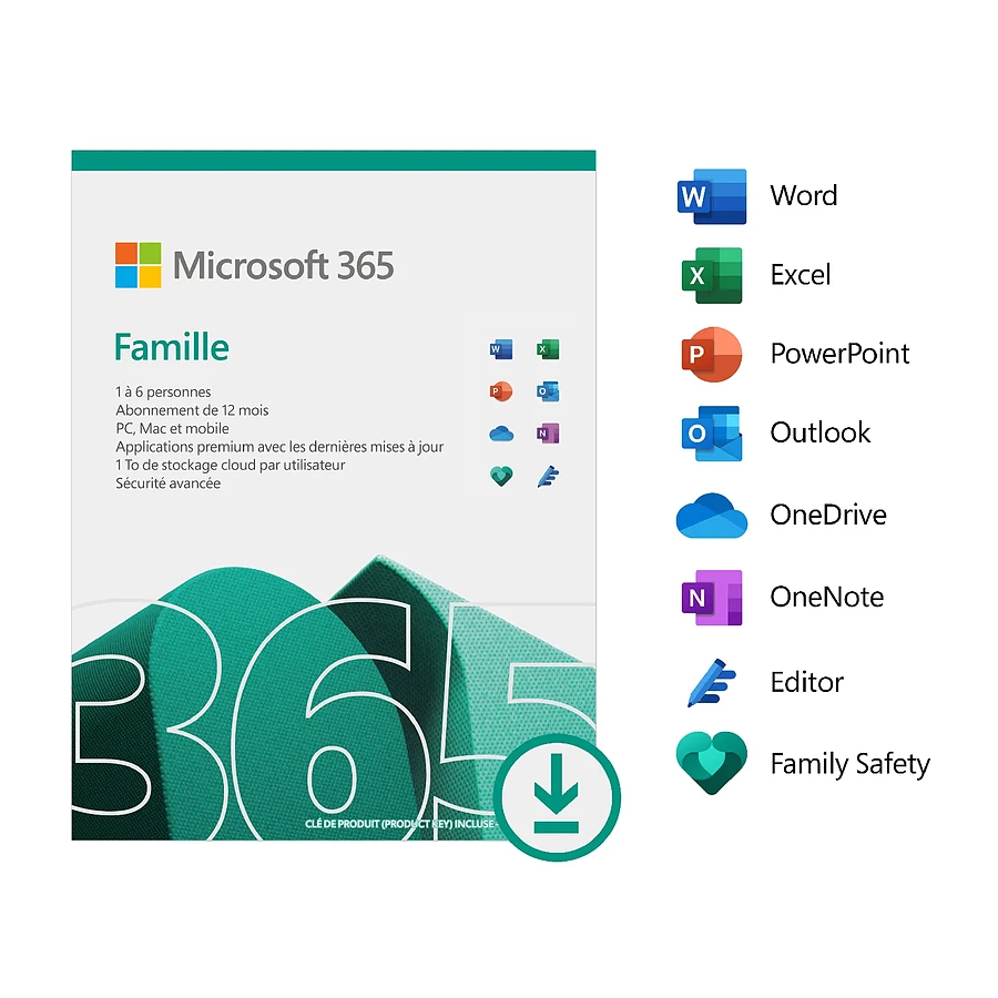 Logiciel bureautique Microsoft 365 Famille - Licence 1 an - Postes illimités - 6 utilisateurs - A télécharger