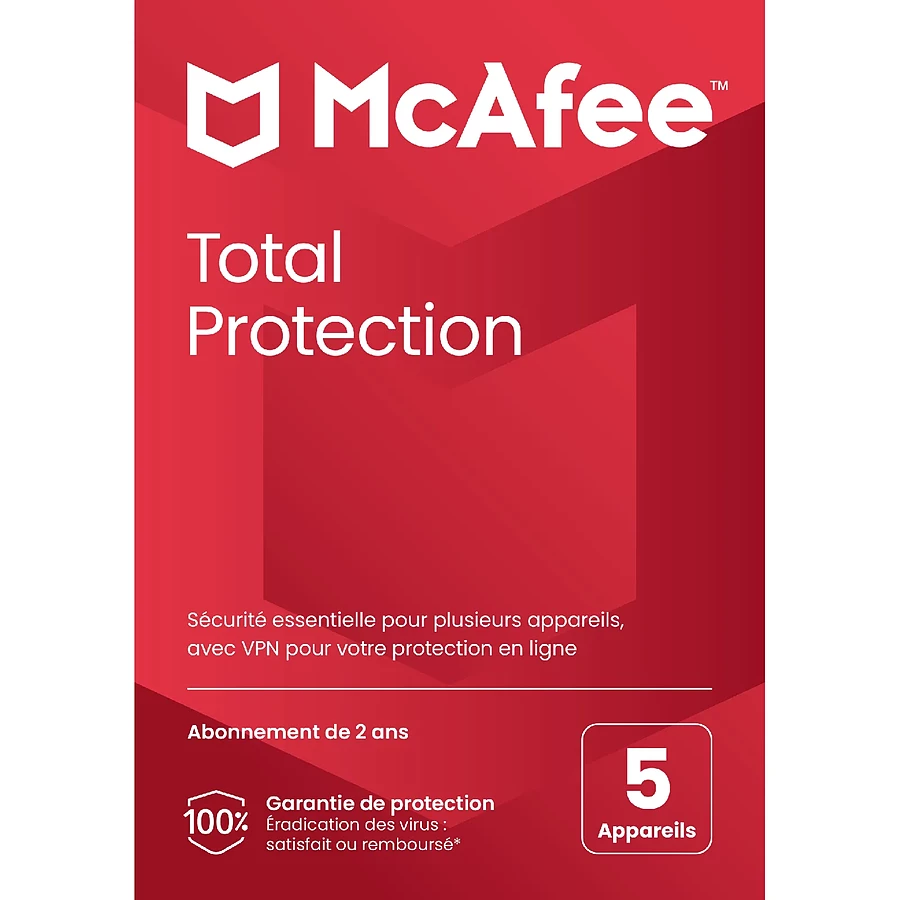 Logiciel antivirus et sécurité McAfee Total Protection - Licence 2 ans - 5 postes - A télécharger