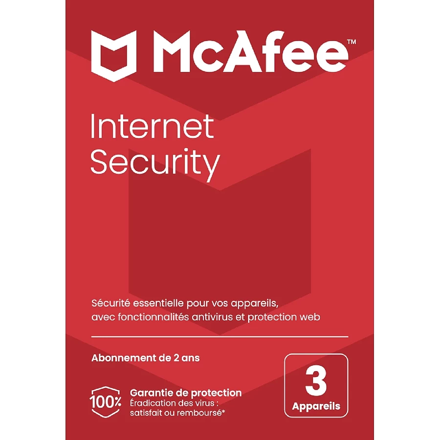 Logiciel antivirus et sécurité McAfee Internet Security - Licence 2 ans - 3 postes - A télécharger