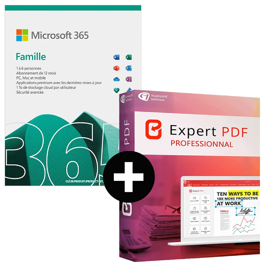 Logiciel bureautique Microsoft 365 Famille 6 utilisateurs 1 an + Expert PDF 15 Pro 1 PC à vie - A télécharger