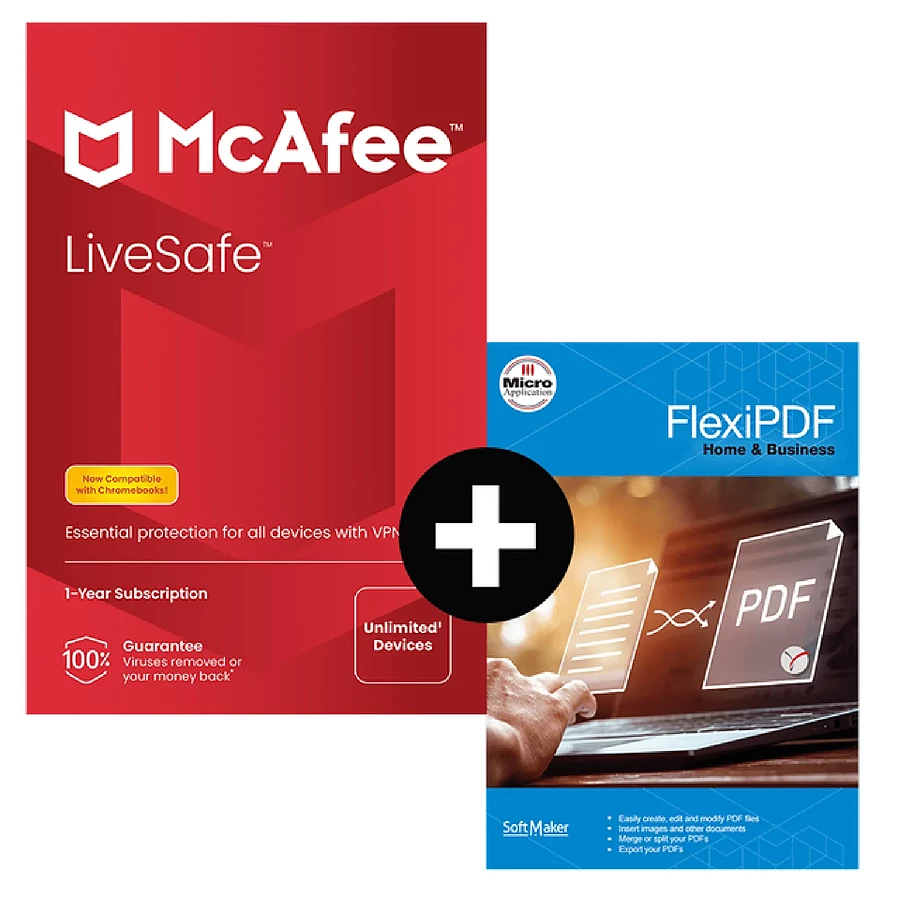 Logiciel antivirus et sécurité McAfee LiveSafe + FlexiPDF Home & Business - Licence 1 an - 3 PC - A télécharger