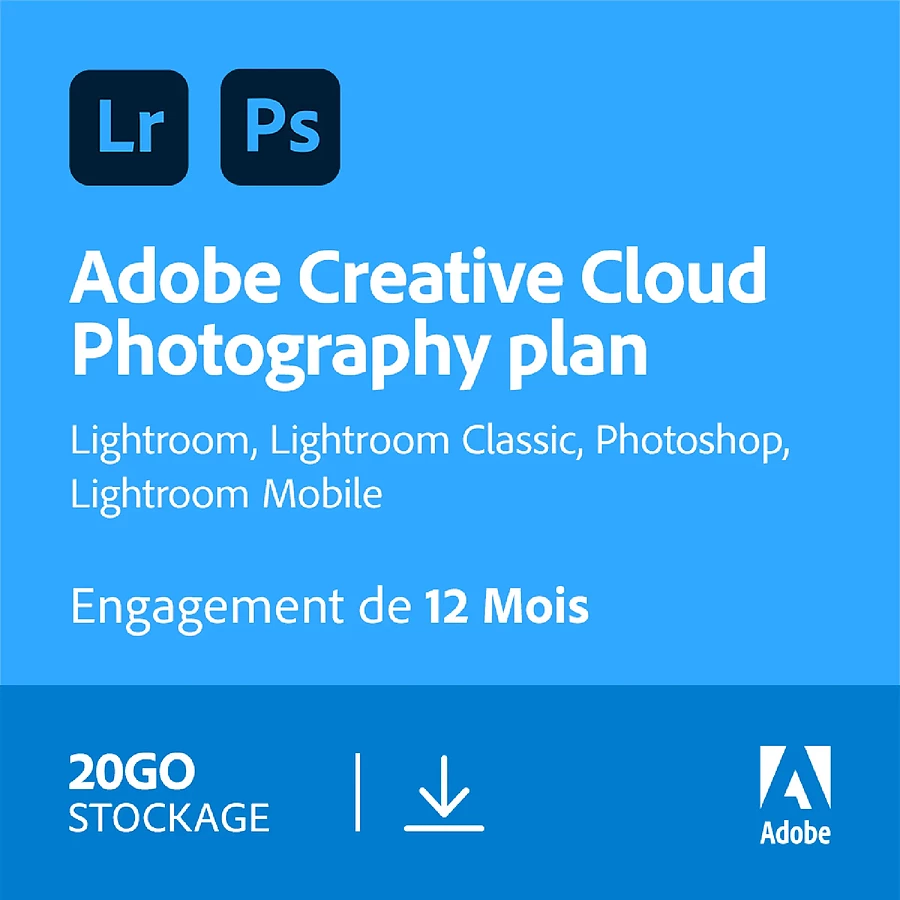 Logiciel image et son Adobe Photoshop + Lightroom (Creative Cloud Photographie 20 Go) - Licence 1 an - 1 utilisateur - A télécharger