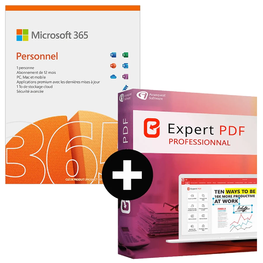 Logiciel bureautique Microsoft 365 Personnel 1 utilisateur 1 an + Expert PDF 15 Pro 1 PC à vie- A télécharger