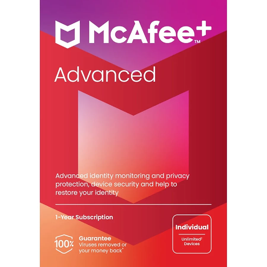 Logiciel antivirus et sécurité McAfee+ Advanced Individuel - Licence 1 an - Postes illimités - A télécharger