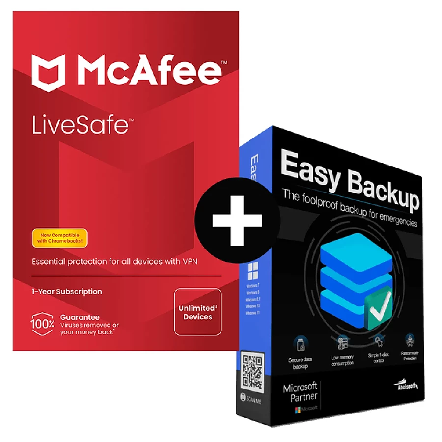 Logiciel antivirus et sécurité McAfee LiveSafe + Easy Backup - Licence 1 an - 1 PC - A télécharger