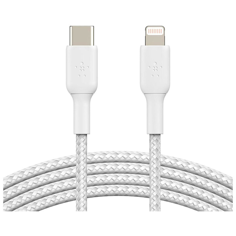 Adaptateurs et câbles Câble à gaine tressée USB-C vers Lightning MFI (blanc) - 1 m
